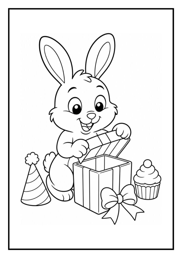 Kleurplaat van een schattig konijn met een feesthoedje dat een cadeau opent, naast een cupcake op tafel