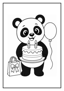 Kleurplaat van een schattige panda die een verjaardagstaart vasthoudt met twee kaarsjes, een ballon en een cadeauzakje.