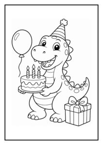 Vrolijke dinosaurus met feesthoed, verjaardagstaart, ballon en cadeau kleurplaat