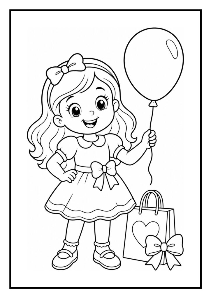 Kleurplaat van een klein meisje met een grote strik in haar haar en jurk, die een ballon vasthoudt naast een tas met een hart en een strik