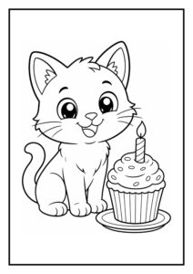Leuke kleurplaat van een schattige kat die bij een cupcake met een kaarsje zit.