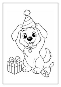 Leuke kleurplaat van een vrolijke hond met een feestmuts, een cadeau en een bel, geschikt voor kinderen