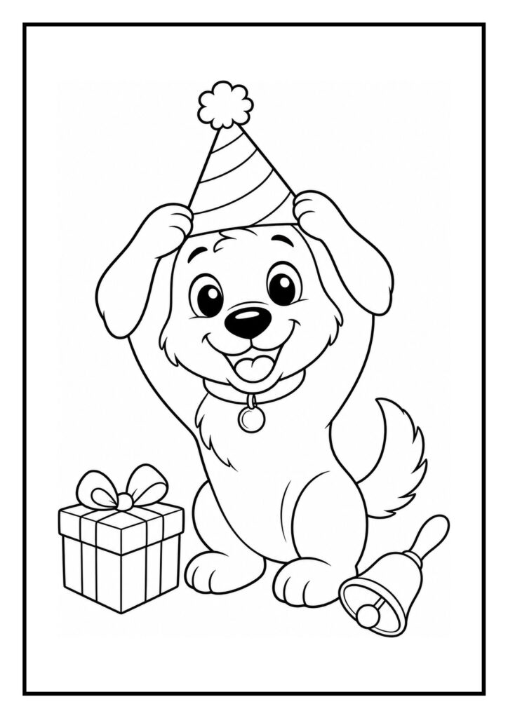 Leuke kleurplaat van een vrolijke hond met een feestmuts, een cadeau en een bel, geschikt voor kinderen