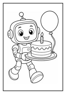 Kleurplaat van een schattige robot die een verjaardagstaart met kaars en een ballon vasthoudt