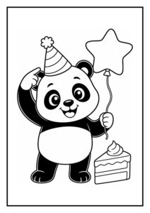 Kleurplaat van een vrolijke panda met een feestmuts, een stervormige ballon en een stuk taart
