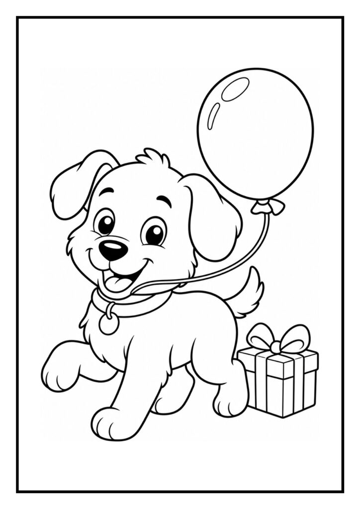 Kleurplaat van een vrolijke hond die een ballon en een cadeau vasthoudt, geschikt voor jonge kinderen