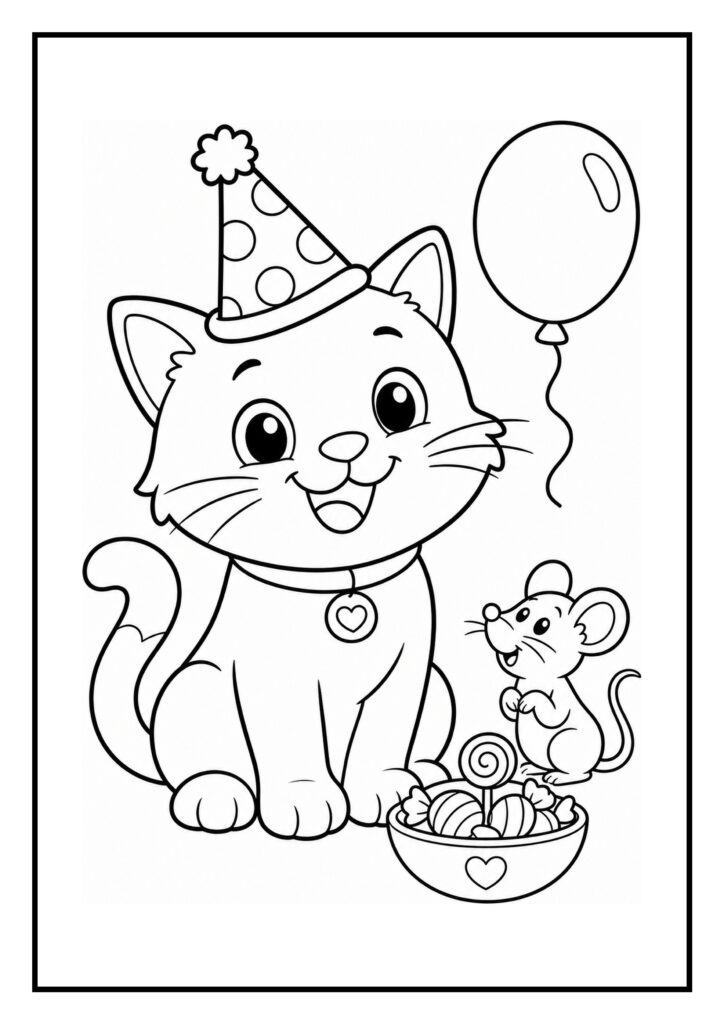 Kleurplaat van een kat met een partyhoed naast een blije muis, met een bak snoep en een ballon op de achtergrond