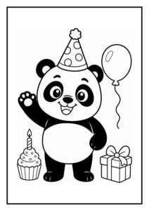 Leuke kleurplaat van een schattige panda met een verjaardagsmuts, cupcake, ballon en cadeau.