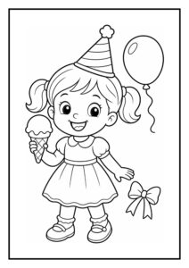 Kleurplaat van een vrolijk meisje met een feesthoedje dat een ijsje vasthoudt naast een ballon en een strik