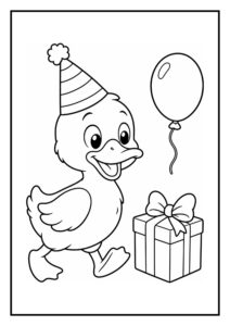 Kleurplaat van een vrolijke eend met een feesthoed, ballon en cadeau, geschikt voor kinderen