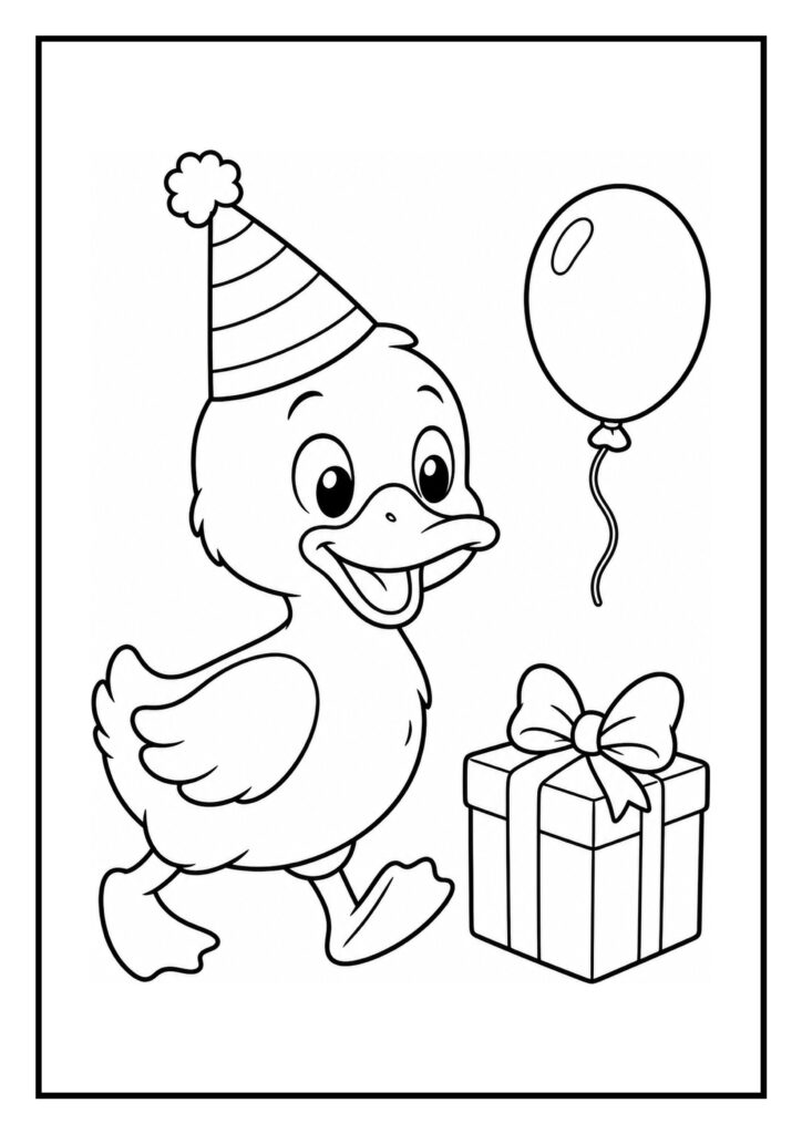 Kleurplaat van een vrolijke eend met een feesthoed, ballon en cadeau, geschikt voor kinderen