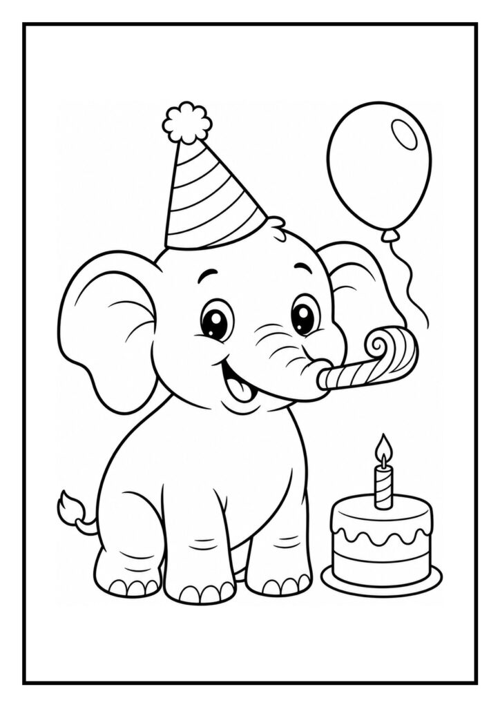 Kleurplaat van een schattige olifant met feesthoed, ballon, verjaardagstaart met kaarsen en een toeter