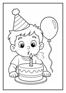 Kleurplaat van een jongen met een feesthoed die een kaars op een verjaardagstaart uitblaast met een ballon op de achtergrond
