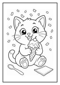 Schattige kat die blij een ijsje vasthoudt tussen kleurrijke confetti