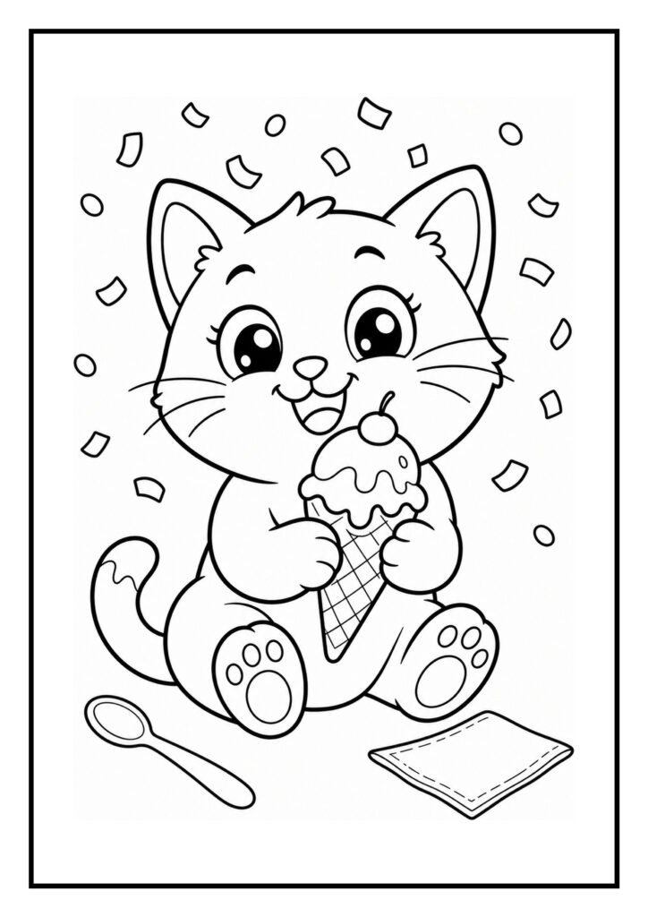 Schattige kat die blij een ijsje vasthoudt tussen kleurrijke confetti