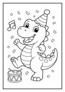 Schattige dinosaurus met een feestmuts die vrolijk danst naast een trommel op een feestelijke achtergrond