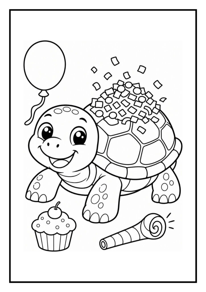 Kleurplaat van een vrolijke schildpad met confetti, een ballon, een cupcake en een feestfluitje in feestelijke sfeer