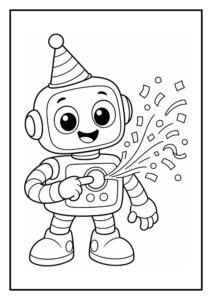 Kleurrijke kleurplaat van een schattige robot met een feesthoedje die vrolijk confetti spuit