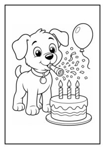 Kleurplaat van een vrolijke hond met een feesthoedje, een verjaardagstaart met kaarsjes en confetti.