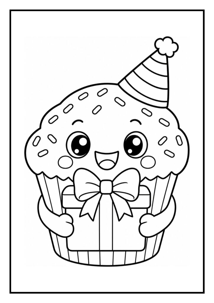 Kleurplaat van een schattige cupcake met een feestmuts die een cadeau vasthoudt.