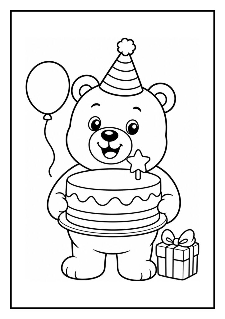 Een kleurplaat van een feestelijke beer met een feesthoed die een taart vasthoudt, met een ballon en een cadeau ernaast.