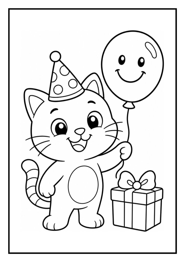 Vrolijke kleine kat met een feestmuts die een ballon vasthoudt naast een cadeau