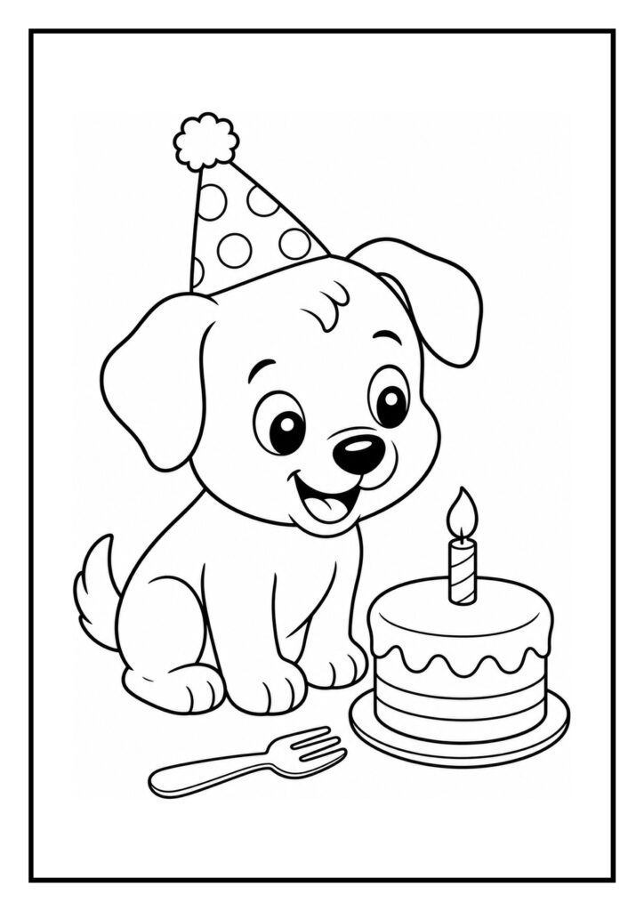 Kleurplaat van een schattige puppy met een feestmuts die blij kijkt naar een verjaardagscake met een kaarsje