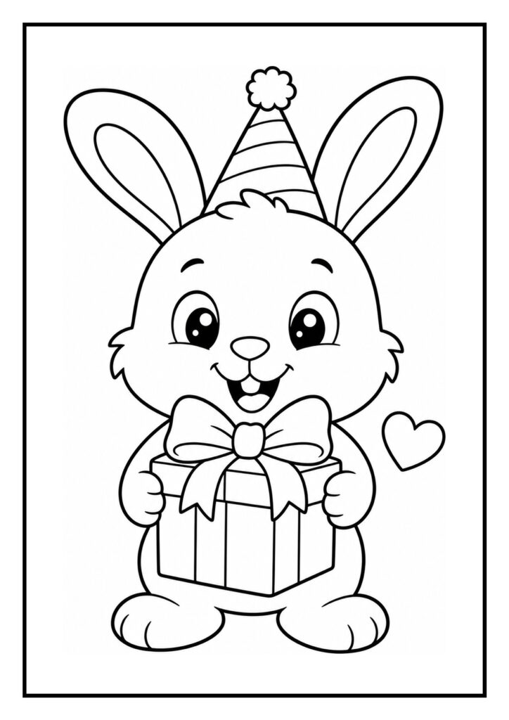 Schattige kleurplaat van een konijn met een verjaardagsmuts en een cadeau, geschikt voor jonge kinderen.