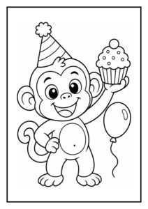 Kleurplaat van een schattige aap met een feestmuts die een cupcake vasthoudt naast een ballon.