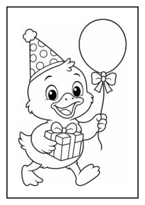 Kleurplaat van een vrolijke eend met een verjaardagsmuts, een cadeau en een ballon in een feestelijke sfeer