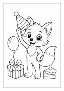 Vrolijke kleurplaat van een vos met een feestmuts, een cadeau, een ballon en een stuk taart.