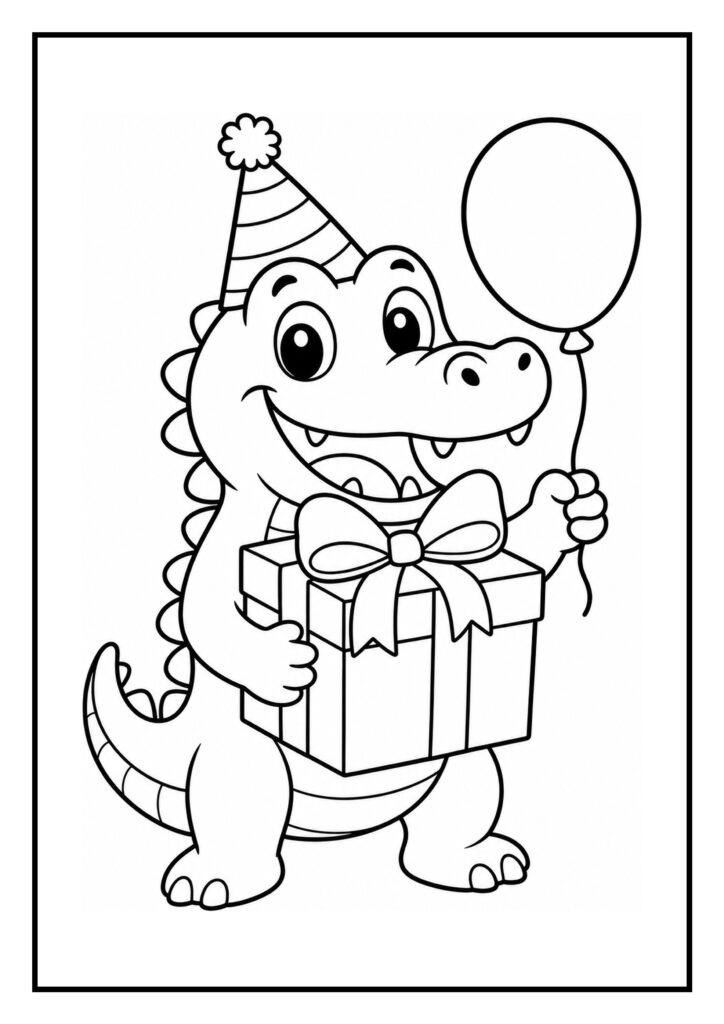 Krokodil met cadeau en feesthoedje die feestelijk een ballon vasthoudt op een kleurplaat