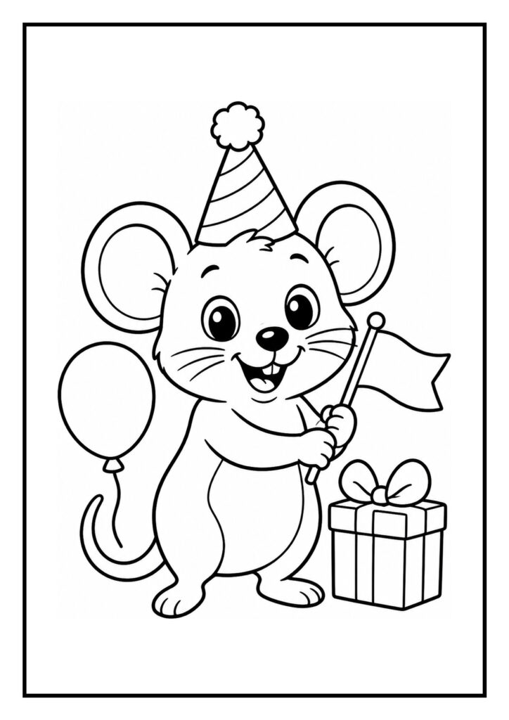 Een vrolijke muis met een feesthoedje die een vlag vasthoudt naast een cadeau en een ballon.