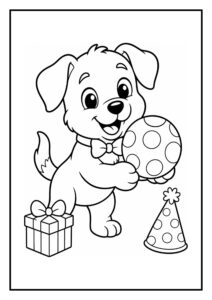 Kleurplaat van een schattig hondje met een bal, een cadeau en een feesthoed