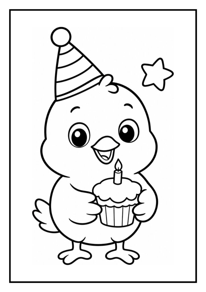 Leuke kleurplaat van een vrolijk kuiken met een feestmuts dat een cupcake met een kaarsje vasthoudt