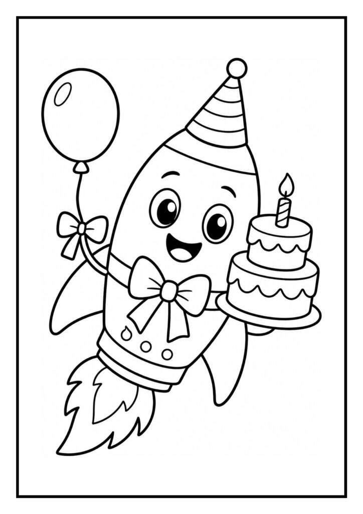 Vrolijke raket met feestmuts die een verjaardagstaart en een ballon vasthoudt