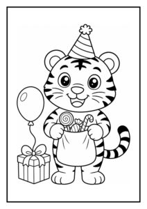 Kleurplaat van een schattige tijger met een feesthoed, een zak vol snoep en een cadeau met ballon, klaar voor een feestje