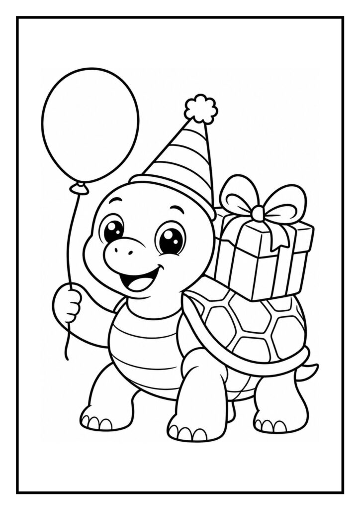 Kleurplaat van een vrolijke schildpad met een feestmuts, die een ballon vasthoudt en een cadeau draagt.