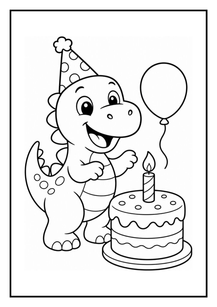 Kleurplaat van een schattige dinosaurus met een verjaardagsmuts, een taart met kaars en een ballon in een feestelijke sfeer