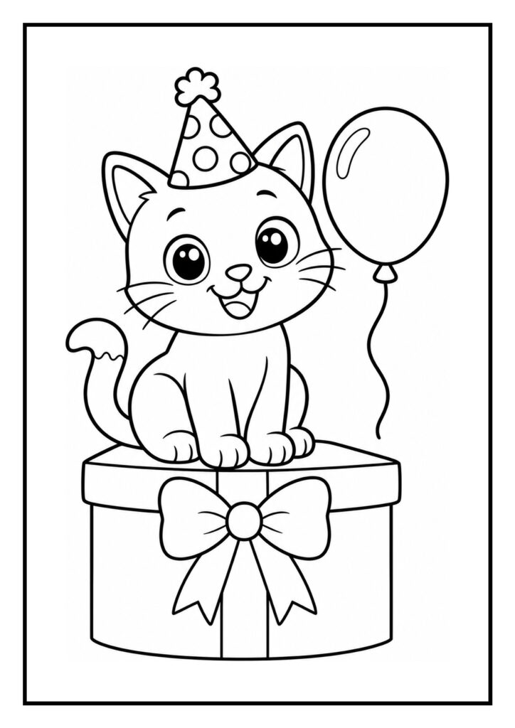 Een schattige kat met een feesthoedje zit op een cadeaudoos met een ballon ernaast