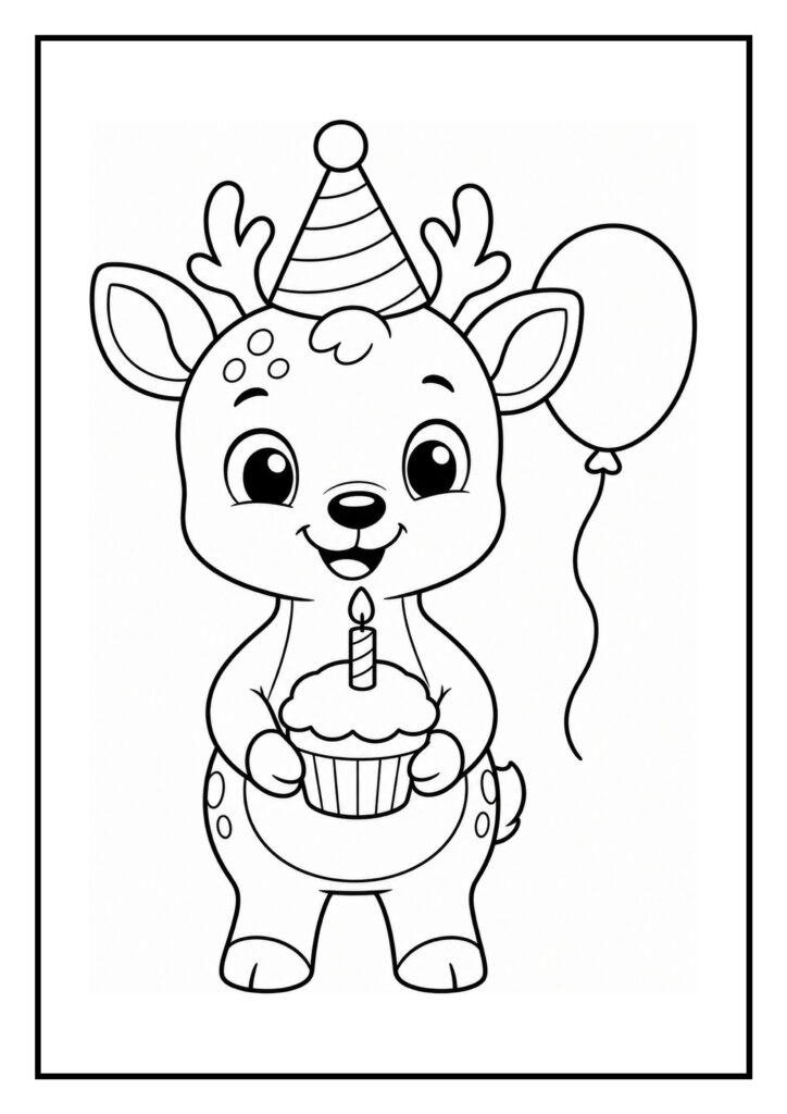 Kleurplaat van een schattig hert met een verjaardagshoed, een cupcake met kaars en een ballon in feestelijke sfeer
