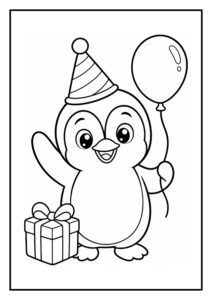 Kleurplaat van een feestelijke pinguïn met een feesthoed, een ballon vast in de vleugel en een cadeau voor een verjaardag.