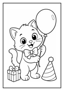 Leuke kleurplaat van een kleine kat met een ballon, feesthoed en cadeau, geschikt voor kinderen om in te kleuren