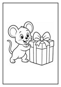 Kleurplaat van een schattige muis die een grote cadeaubox vasthoudt met een strik erop.