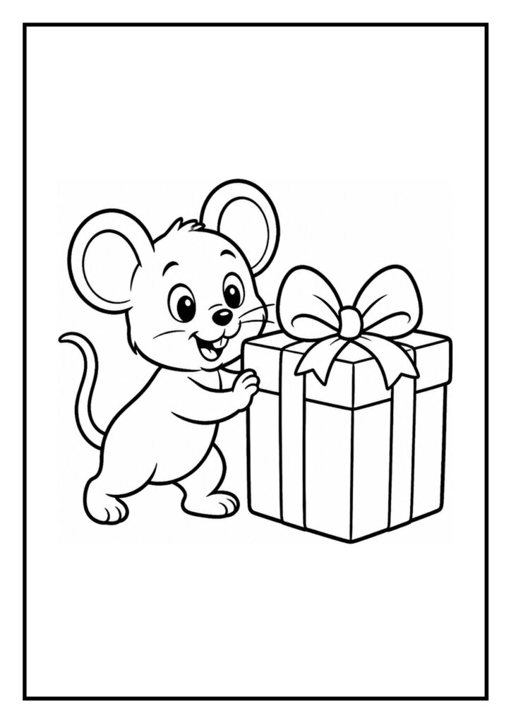 Kleurplaat van een schattige muis die een grote cadeaubox vasthoudt met een strik erop.