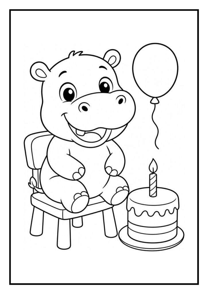 Kleurplaat van een schattig nijlpaardje op een stoel naast een verjaardagstaart met brandende kaars en ballon in een feestelijke sfeer