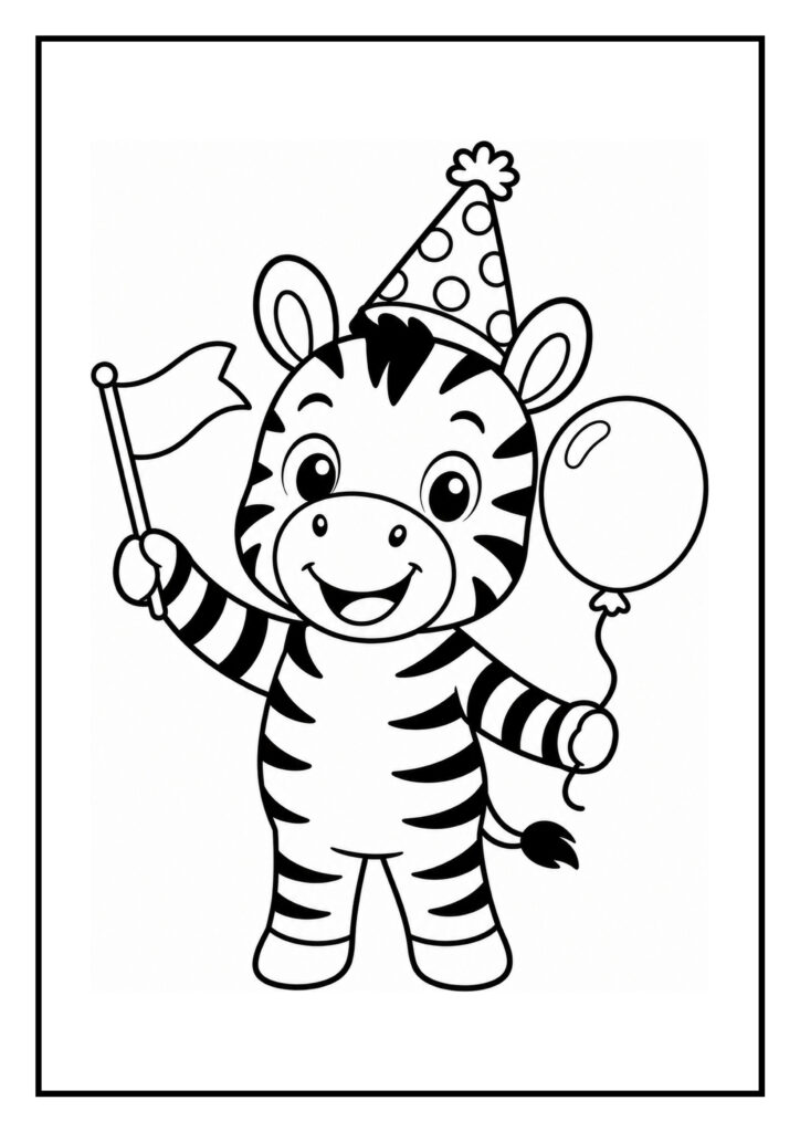 Leuke kleurplaat van een schattige zebra met een feestmuts die een vlag en ballon vasthoudt.