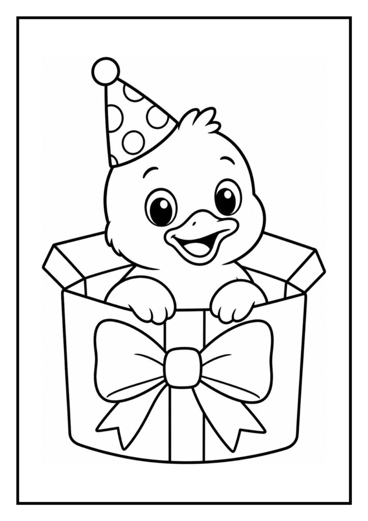 Kleurplaat van een eendje met een feestmuts dat uit een cadeauverpakking piept in een feestelijke setting