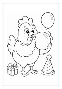 Kleurplaat van een schattige kip die een ballon opblaast, met een cadeau en een feestmuts erbij