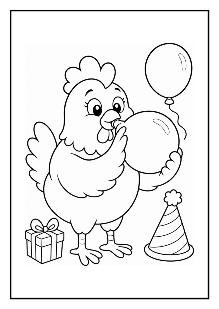 Kleurplaat van een schattige kip die een ballon opblaast, met een cadeau en een feestmuts erbij